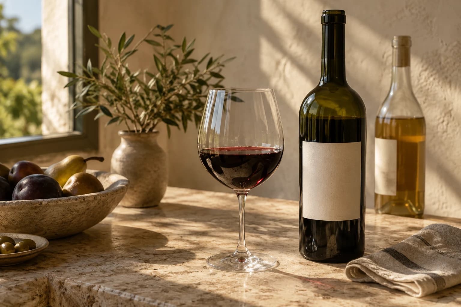 A bottle and a glass of red wine on a sunlit stone table